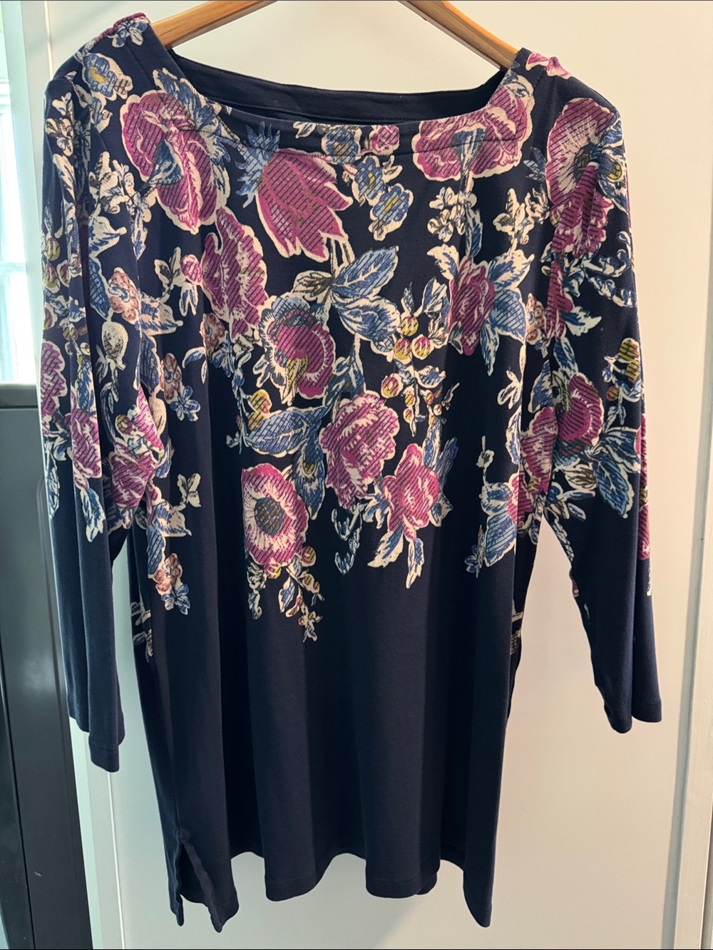 Chico's Navy Floral Long-Sleeve Knit Dress with Pink & Blue Blooms Size 3
